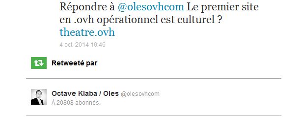 le tweet retweet par Octave Klaba crateur ovh le 4 octobre 2014